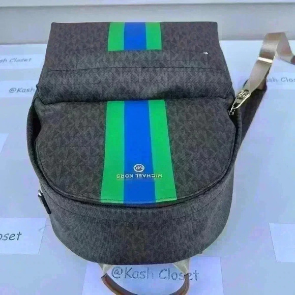 Michael Kors Backpack Medium Stripe Signature Logo Palm Green - Picture 5 of 11